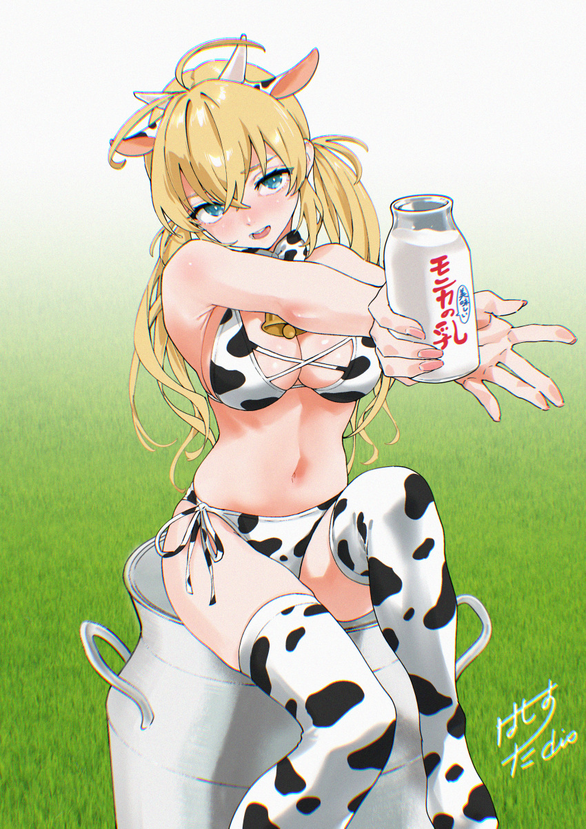 1girl absurdres ahoge animal_print bare_arms bare_shoulders bikini blonde_hair blue_eyes blush bottle breasts cleavage commentary_request cow_print cow_print_bikini cow_print_thighhighs fingernails glass_bottle grass hassystants highres holding holding_bottle knee_up large_breasts looking_at_viewer low_twintails milk_bottle nail_polish navel nose_blush open_mouth original outstretched_arms pink_nails print_bikini print_thighhighs signature sitting sitting_on_object solo swimsuit thighhighs twintails