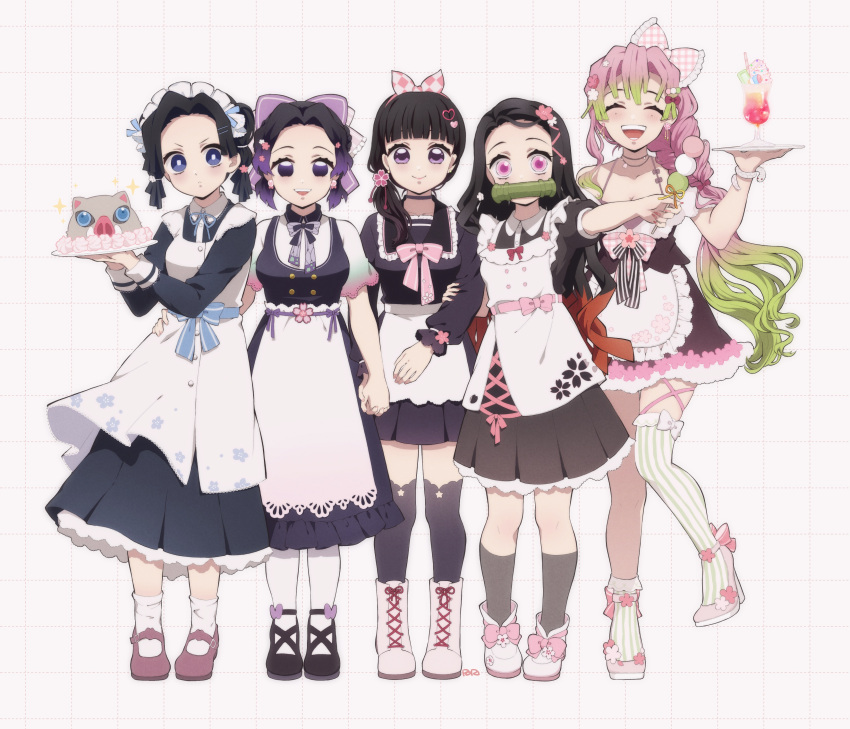 5girls absurdres bamboo black_hair blue_eyes boar boots breasts closed_eyes closed_mouth dango dress earrings flower food glass green_hair hair_flower hair_ornament hair_ribbon hashibira_inosuke high_heels highres holding holding_food jewelry kamado_nezuko kanroji_mitsuri kanzaki_aoi_(kimetsu_no_yaiba) kimetsu_no_yaiba kochou_shinobu long_hair long_sleeves maid medium_breasts medium_hair multicolored_hair multiple_girls open_mouth orange_hair pink_eyes pink_hair pori_(kmt_pori) purple_eyes purple_hair ribbon smile thighhighs tsuyuri_kanao wagashi