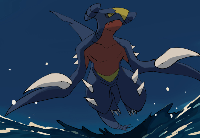 black_sclera blue_background colored_sclera colored_skin dragon fins flying full_body garchomp green_skin highres mashita._(mentaiko_omoti) no_humans pokemon pokemon_(creature) red_skin simple_background slit_pupils spikes water water_drop yellow_eyes