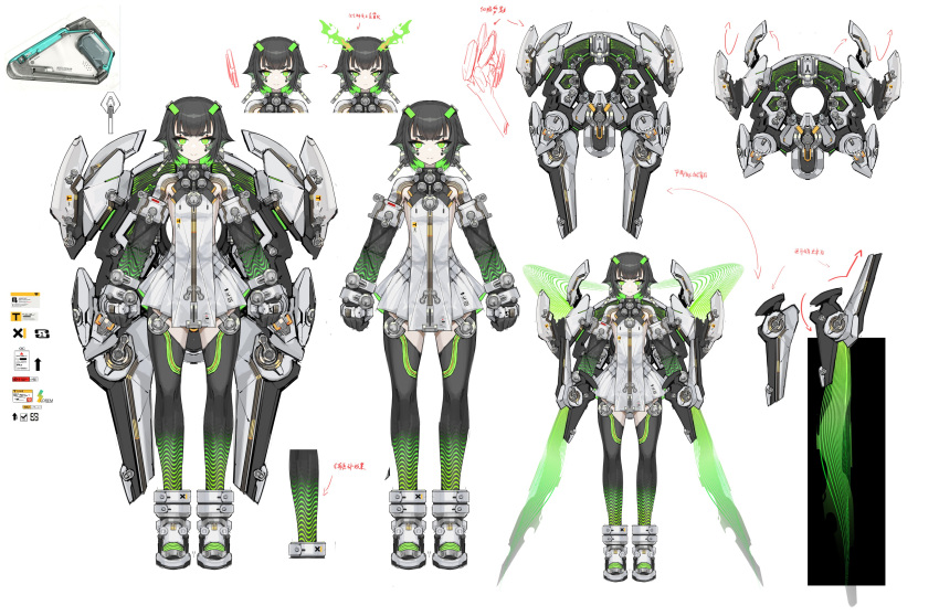 1girl absurdres arms_at_sides black_hair colored_inner_hair donxxxs facial_mark full_body green_eyes green_hair highres mecha_musume multicolored_hair original reference_sheet short_hair standing straight-on thighhighs two-tone_hair very_short_hair white_background