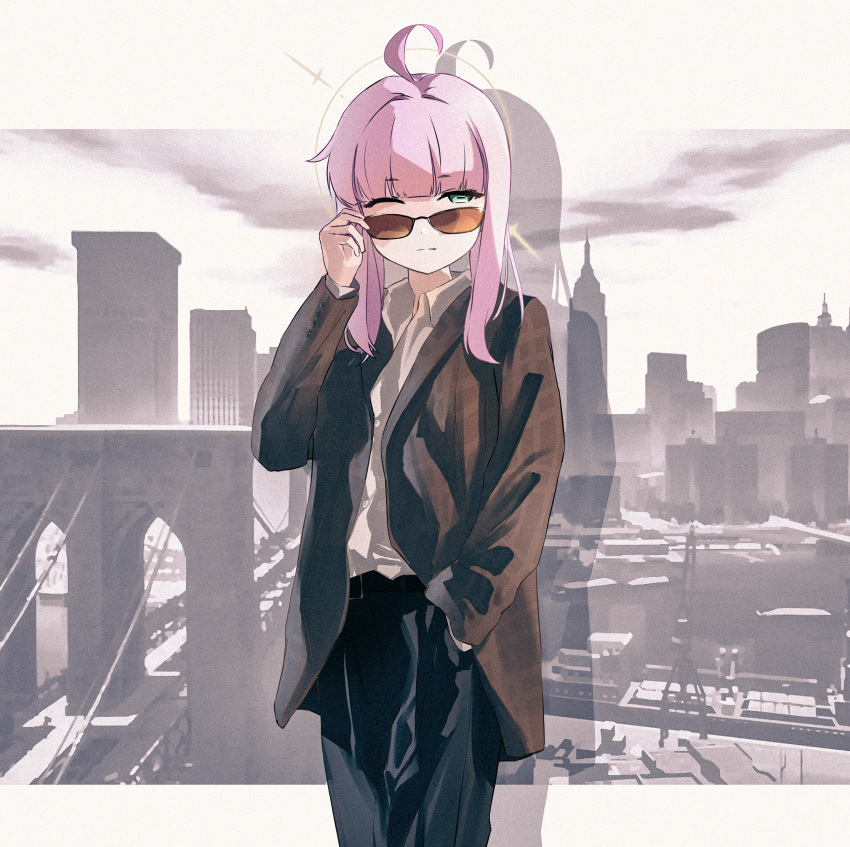 1girl absurdres ahoge black_pants blue_archive brown_jacket cityscape collared_shirt commentary cosplay dimitri_rascalov dimitri_rascalov_(cosplay) english_commentary eyewear_pull grand_theft_auto grand_theft_auto_iv green_eyes halo hand_in_pocket hand_up highres jacket kaya_(blue_archive) letterboxed long_hair looking_over_eyewear monochrome_background nougat_(73r1r1) one_eye_closed outside_border pants photo-referenced pink_hair plaid plaid_jacket shadow shirt sidelocks solo sunglasses tinted_eyewear white_shirt yellow-tinted_eyewear yellow_halo