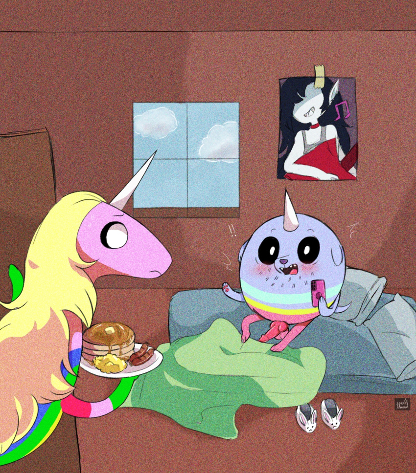 adventure_time anthro bed bedding blanket blonde_hair blush breakfast bunny_slippers canid canine canis cartoon_network cellphone clothing cloud digital_media_(artwork) domestic_dog duo egg electronics equid equine female feral food footwear fur furniture hair hi_res holding_plate horn horse hybrid lady_rainicorn male male/female mammal marceline_abadeer mattress_on_floor meat mother_(lore) mother_and_child_(lore) mother_and_son_(lore) multicolored_body multicolored_fur musical_note mythological_creature mythological_equine mythology open_mouth pancake parent_(lore) parent_and_child_(lore) parent_and_son_(lore) pawpads phone pillow poster rainicorn sausage shoes slippers smartphone son_(lore) spec_almond_(artist) t.v._(adventure_time) unicorn unicorn_horn