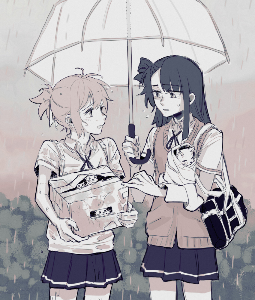 2girls bag blush box bush cat collared_shirt commentary_request cowboy_shot flying_sweatdrops highres holding holding_box holding_umbrella koori_chikage koyomania long_hair looking_at_another multiple_girls nogi_wakaba_wa_yuusha_de_aru open_mouth outdoors parted_lips pleated_skirt rain school_bag school_uniform shirt short_ponytail short_sleeves single_hair_ring skirt smile sweat sweater_vest takashima_yuuna umbrella wet wet_hair yuusha_de_aru