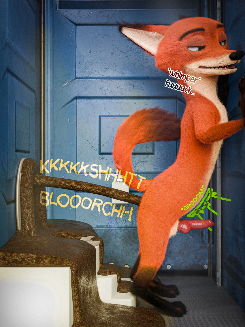 3d_(artwork) absurd_res against_door against_surface anthro blender_(software) blender_cycles bloated brown_body brown_eyebrows brown_fur canid canine dialogue digital_media_(artwork) digitigrade disney door english_text excessive_feces eyebrows feces feces_on_ground fox fur genitals green_eyes hi_res hyper hyper_feces kenresek knot looking_pleasured male mammal nick_wilde onomatopoeia orange_body orange_fur penis pooping portapotty raised_tail red_penis rumbling_stomach scat solo sound_effects tail text toilet_paper toilet_use zootopia