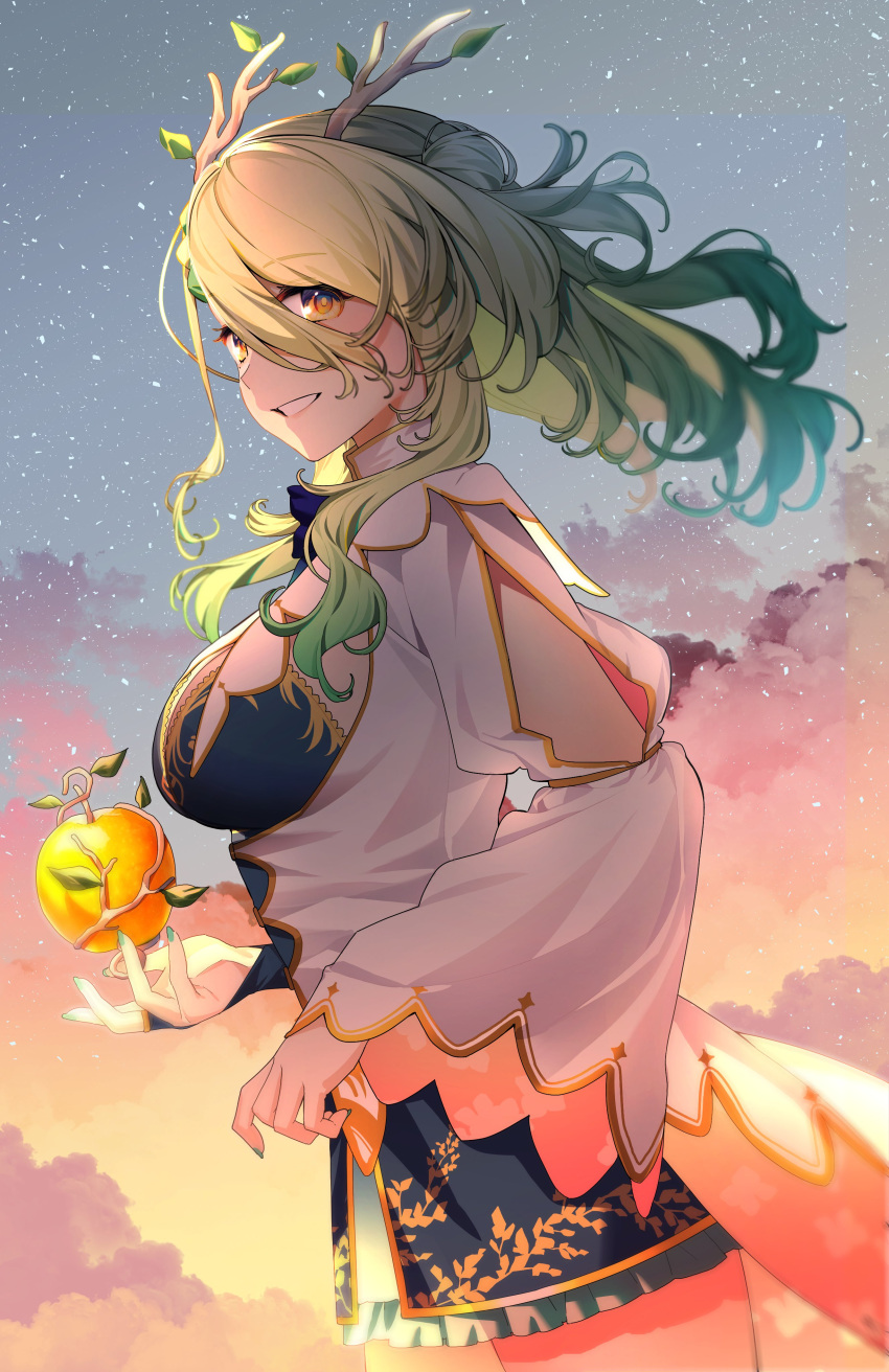 14_(vision5032) 1girl absurdres antlers apple bangs breasts ceres_fauna food from_side fruit green_eyes green_nails hair_between_eyes highres hololive hololive_english large_breasts long_hair long_sleeves looking_at_viewer open_mouth sky solo yellow_eyes
