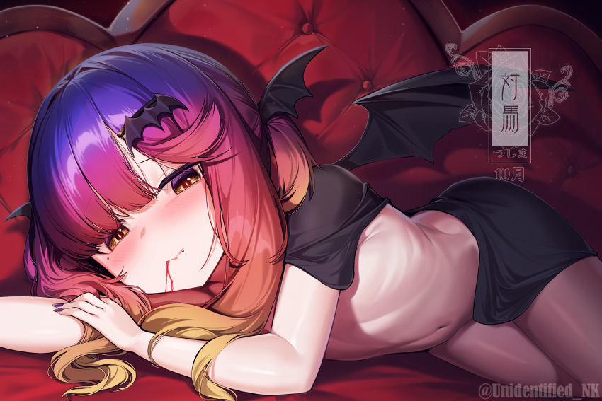 1girl bat_hair_ornament black_cape black_wings blonde_hair blood blood_on_face blush brown_eyes cape character_name couch demon_wings fang gradient_hair hair_ornament highres kantai_collection looking_at_viewer lying mole mole_under_eye multicolored_hair nail_polish naked_cape orange_hair pink_hair purple_eyes purple_nails red_hair solo tsushima_(kancolle) twitter_username unidentified_nk vampire wing_hair_ornament wings