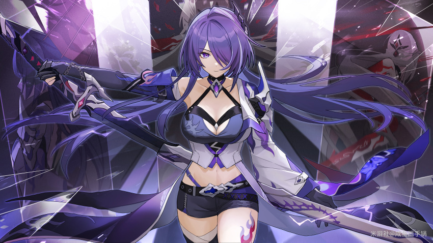 1girl acheron_(honkai:_star_rail) black_choker black_gloves black_shorts body_markings boots breasts chain choker cleavage coat coattails detached_sleeves glass_shards gloves hair_over_one_eye highres holding holding_sword holding_weapon honkai:_star_rail honkai_(series) leg_tattoo long_hair midriff multicolored_hair navel official_alternate_color pingdiguo purple_eyes purple_hair sheath short_shorts shorts single_bare_shoulder solo stomach streaked_hair sword tattoo thigh_boots unsheathing weapon white_coat white_hair