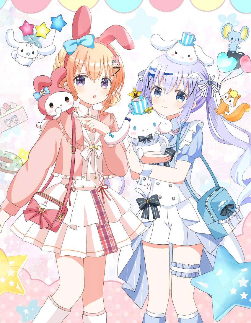 2girls absurdres animal_ears bag ball balloon black_bow blue_bow blue_eyes blue_footwear blue_hair blue_shirt boots bow brown_hair character_request closed_mouth commentary_request crossover feet_out_of_frame frilled_jacket frills gochuumon_wa_usagi_desu_ka? hair_between_eyes hair_bow hair_ornament hairband hairclip heart_balloon highres holding holding_ball hoto_cocoa hug jacket kafuu_chino knee_boots kneehighs long_sleeves multiple_girls my_melody onegai_my_melody open_clothes open_jacket parted_lips pink_hairband pink_jacket pink_socks pleated_skirt puffy_long_sleeves puffy_short_sleeves puffy_sleeves purple_eyes rabbit_ears rabbit_hair_ornament ryoutan sailor_collar sanrio shirt short_shorts short_sleeves shorts shoulder_bag skirt smile socks standing star_balloon striped_bow twintails vest white_footwear white_sailor_collar white_shirt white_shorts white_skirt white_socks white_vest wrist_cuffs x_hair_ornament