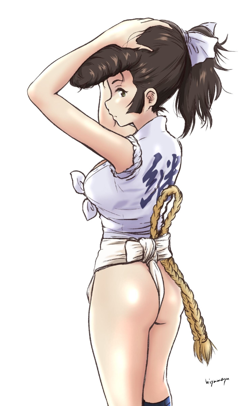 1girl absurdres ass black_hair blush breasts closed_mouth fundoshi girls_und_panzer green_eyes hair_ribbon highres hiyama_yuu_(wee259hiyama) japanese_clothes looking_at_viewer medium_breasts pompadour ponytail ribbon signature simple_background solo white_background yuri_(girls_und_panzer)