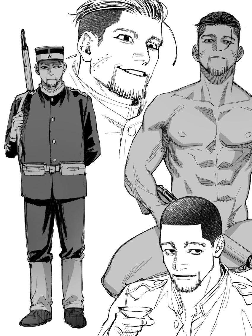 1boy :d abs arm_behind_back belt collarbone cup facial_hair goatee golden_kamuy greyscale grin gun gun_sling hair_slicked_back hat highres jacket jo_tuesday19 looking_at_viewer looking_to_the_side male_focus military_uniform monochrome multiple_views muscular muscular_male ogata_hyakunosuke pants parted_lips rifle sakazuki shako_cap shoulder_boards smile teeth topless_male undercut uniform weapon weapon_on_back