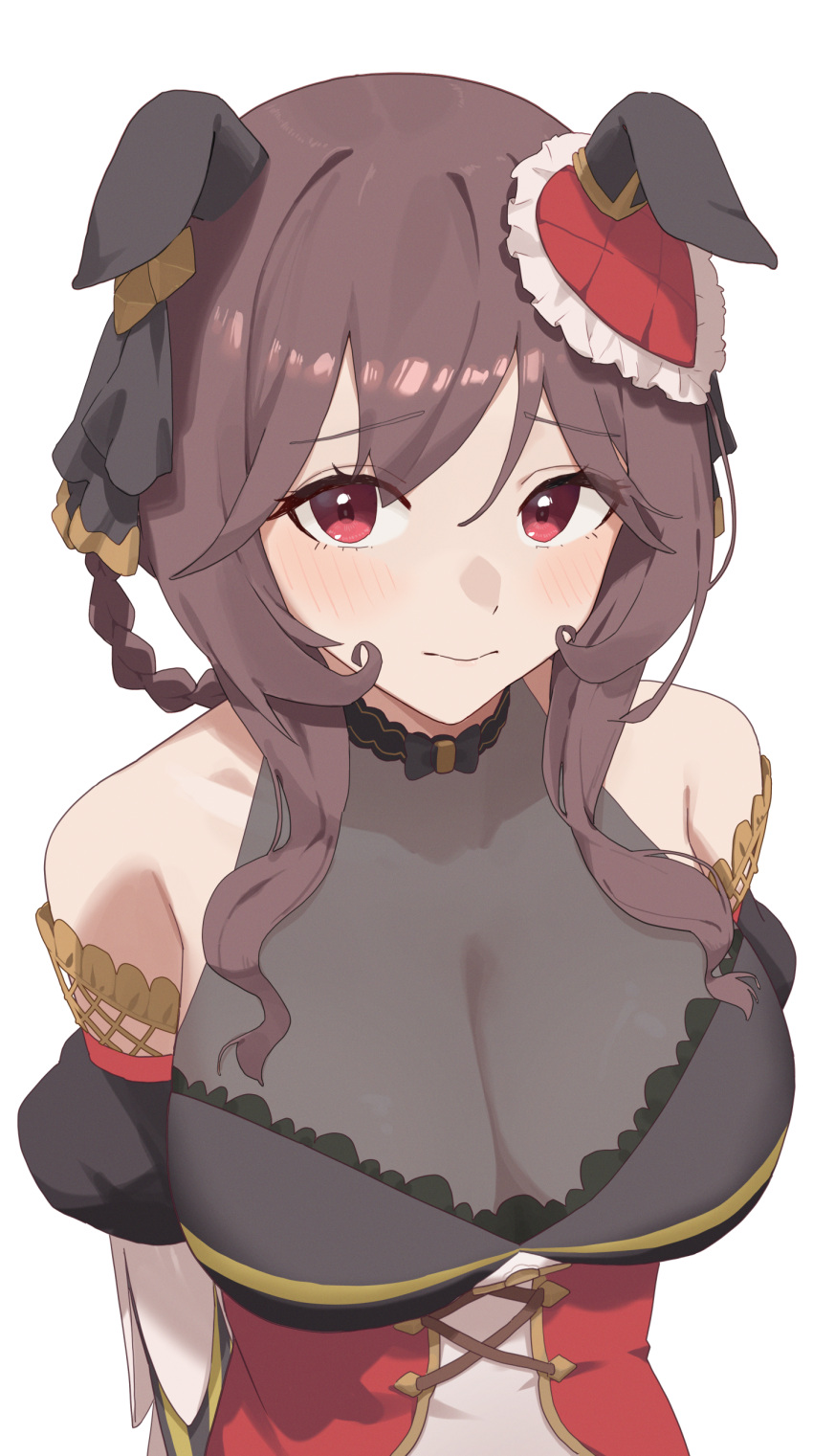 1girl :&gt; absurdres animal_ears asobi_nin bare_shoulders blush braided_hair_rings breasts brown_hair cleavage closed_mouth commentary_request detached_sleeves dress ear_ornament ears_down gentildonna_(umamusume) heart_ear_ornament highres horse_ears horse_girl looking_at_viewer puffy_sleeves red_eyes see-through see-through_cleavage simple_background solo umamusume upper_body wavy_hair white_background