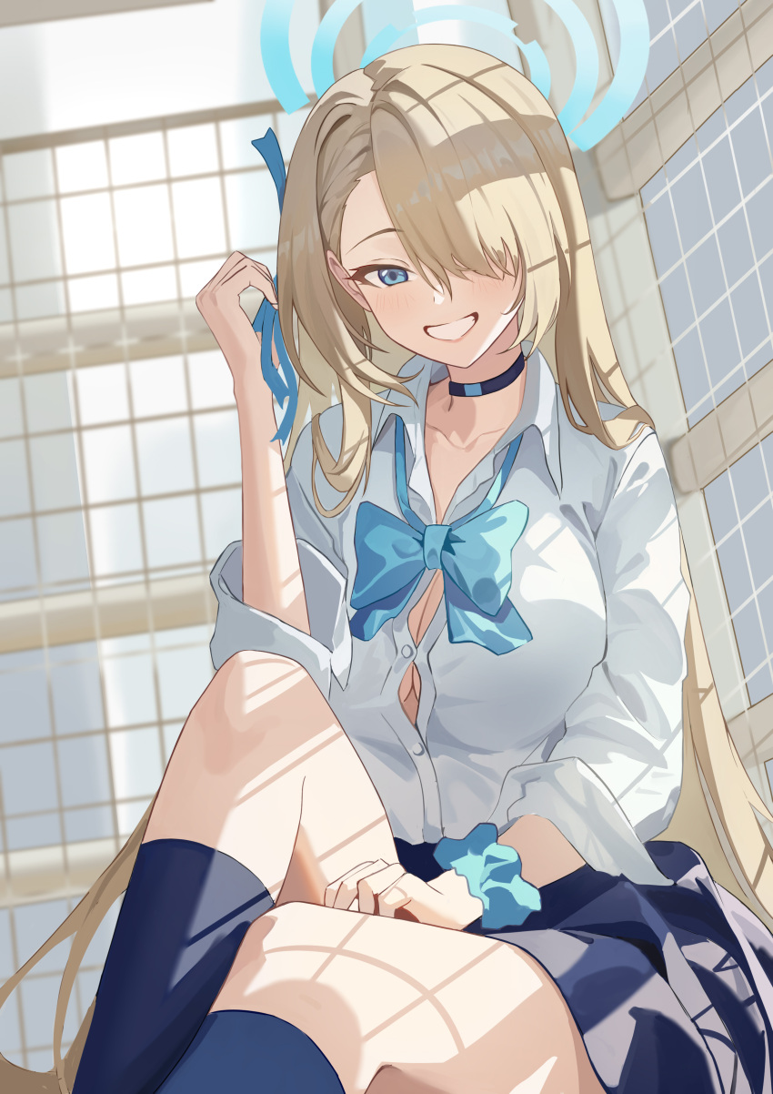 1girl absurdres asuna_(blue_archive) black_skirt blonde_hair blue_archive blue_bow blue_bowtie blue_eyes blue_halo blue_ribbon blush bow bowtie breasts button_gap hair_over_one_eye hair_ribbon halo highres large_breasts long_hair looking_at_viewer ribbon shirt sitting skirt smile solo szai thighs white_shirt