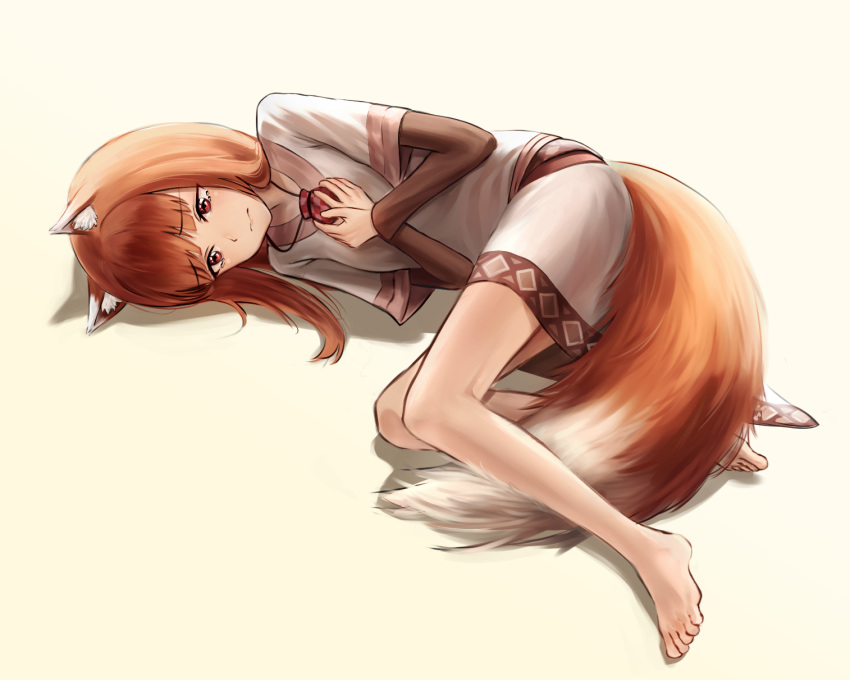 1girl 3: animal_ear_fluff animal_ears barefoot between_legs blunt_bangs brown_hair closed_mouth commentary crying crying_with_eyes_open drop_shadow feet full_body hair_spread_out hands_up highres holding holding_jewelry holding_necklace holo jewelry knees_together_feet_apart koide_7285 light_blush lips long_hair long_sleeves lying necklace on_side own_hands_together red_eyes sad shirt short_sleeves simple_background skirt solo spice_and_wolf straight_hair tail tail_between_legs tears toes tsurime white_shirt white_skirt wolf_ears wolf_girl wolf_tail yellow_background