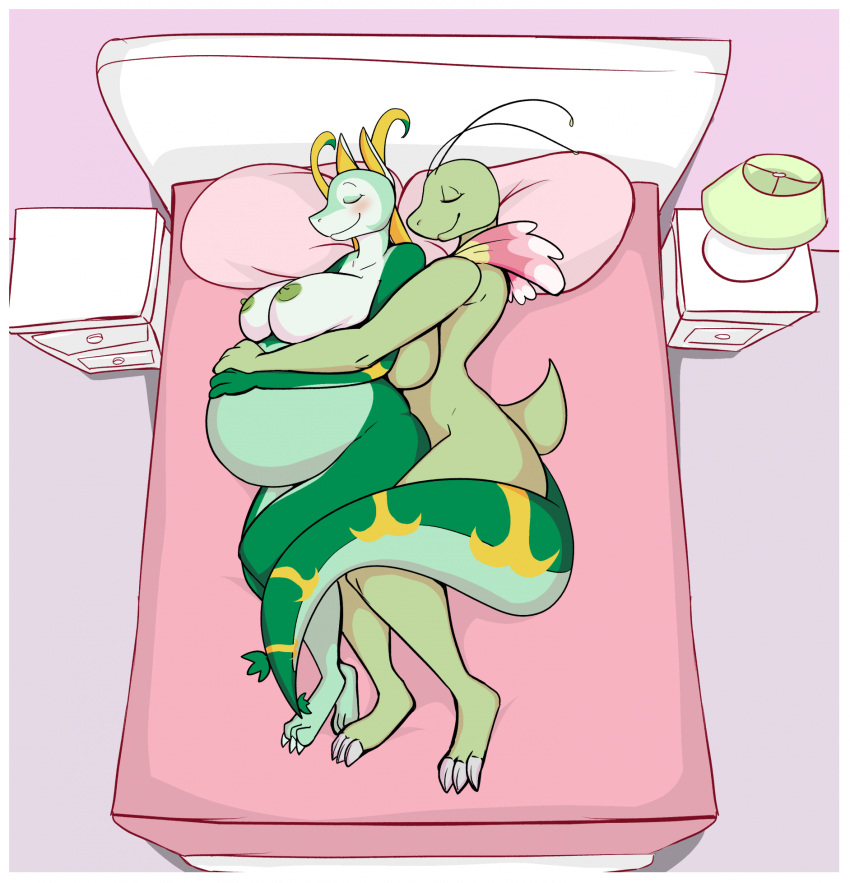 2023 3_fingers 3_toes anthro areola arms_around_partner bed belly big_belly big_breasts bird's-eye_view blush breasts colored digital_media_(artwork) dima_(artist) duo eyes_closed feet female female/female fingers furniture generation_2_pokemon generation_5_pokemon green_areola green_body green_nipples hi_res high-angle_view lying meganium nintendo nipples nude on_bed on_side pokemon pokemon_(species) pregnant rose_(n4ckl3) serperior shaded short_tail side_boob sleeping sleeping_together smile tail tail_around_partner toes white_body