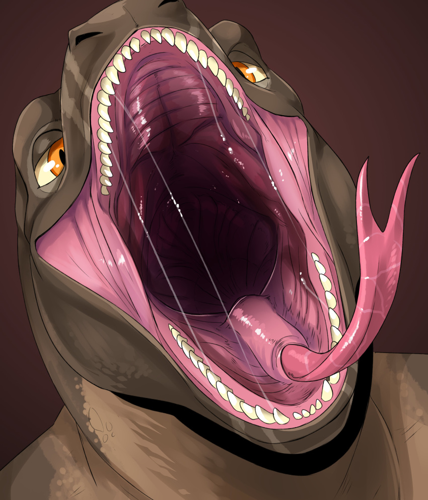 absurd_res anthro bodily_fluids brown_background brown_body bust_portrait forked_tongue front_view glistening glistening_eyes hi_res imperatorcaesar looking_at_viewer male mouth_shot open_mouth orange_eyes pink_tongue portrait saliva saliva_string scalie simple_background solo tongue tongue_out