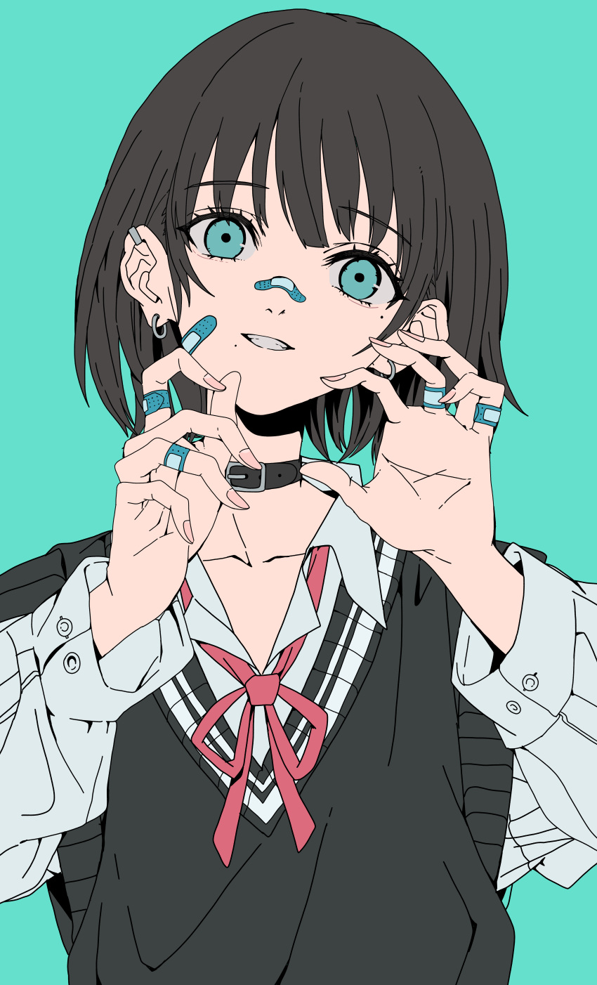 1girl absurdres aqua_background aqua_eyes bandaid bandaid_on_cheek bandaid_on_face bandaid_on_hand bandaid_on_nose belt belt_collar black_belt black_hair black_sweater_vest bob_cut collar collared_shirt ear_piercing earrings grin haku_geroda hands_up head_tilt highres hoop_earrings jewelry long_sleeves looking_at_viewer mole mole_under_eye mole_under_mouth neck_ribbon open_collar open_mouth original piercing pink_nails red_ribbon ribbon shirt short_hair sidelocks simple_background sleeveless smile solo sweater_vest teeth thick_eyelashes upper_body vest white_shirt