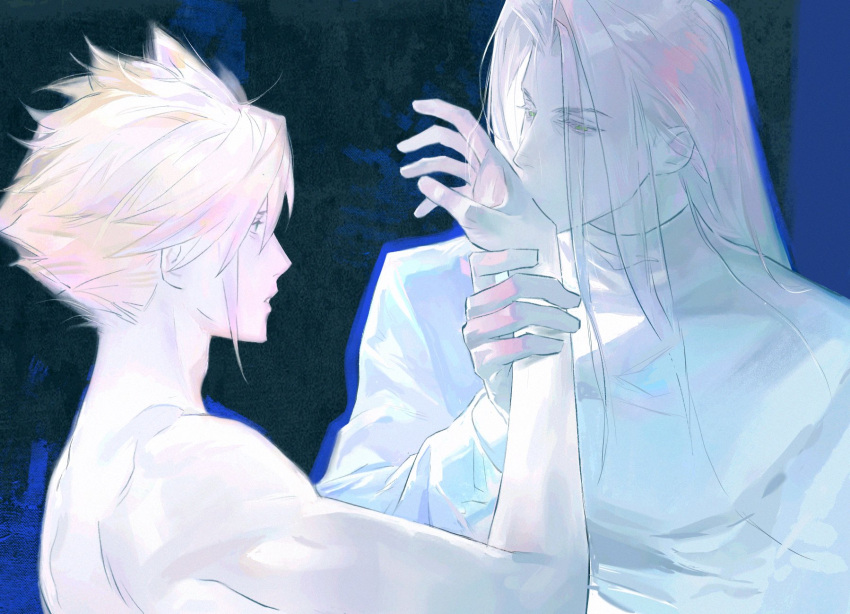 2boys aura blonde_hair blue_eyes chinese_commentary cloud_strife colored_eyelashes commentary_request couple eyelashes final_fantasy final_fantasy_vii final_fantasy_vii_remake glowing green_eyes grey_hair highres holding_another's_wrist jdxpp kiss kissing_hand long_bangs long_hair male_focus multiple_boys parted_bangs sephiroth shirt short_hair spiked_hair sweater topless_male turtleneck turtleneck_sweater white_shirt yaoi