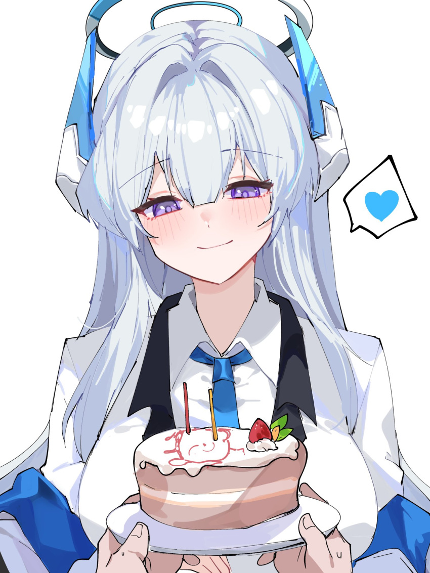 birthday_cake blue_archive blue_necktie cake doodle_sensei_(blue_archive) food grey_hair halo happy_birthday headgear headphones highres jacket mechanical_halo mindoll necktie noa_(blue_archive) purple_eyes sensei_(blue_archive) suit two-sided_fabric two-sided_jacket white_hair white_halo white_jacket white_suit