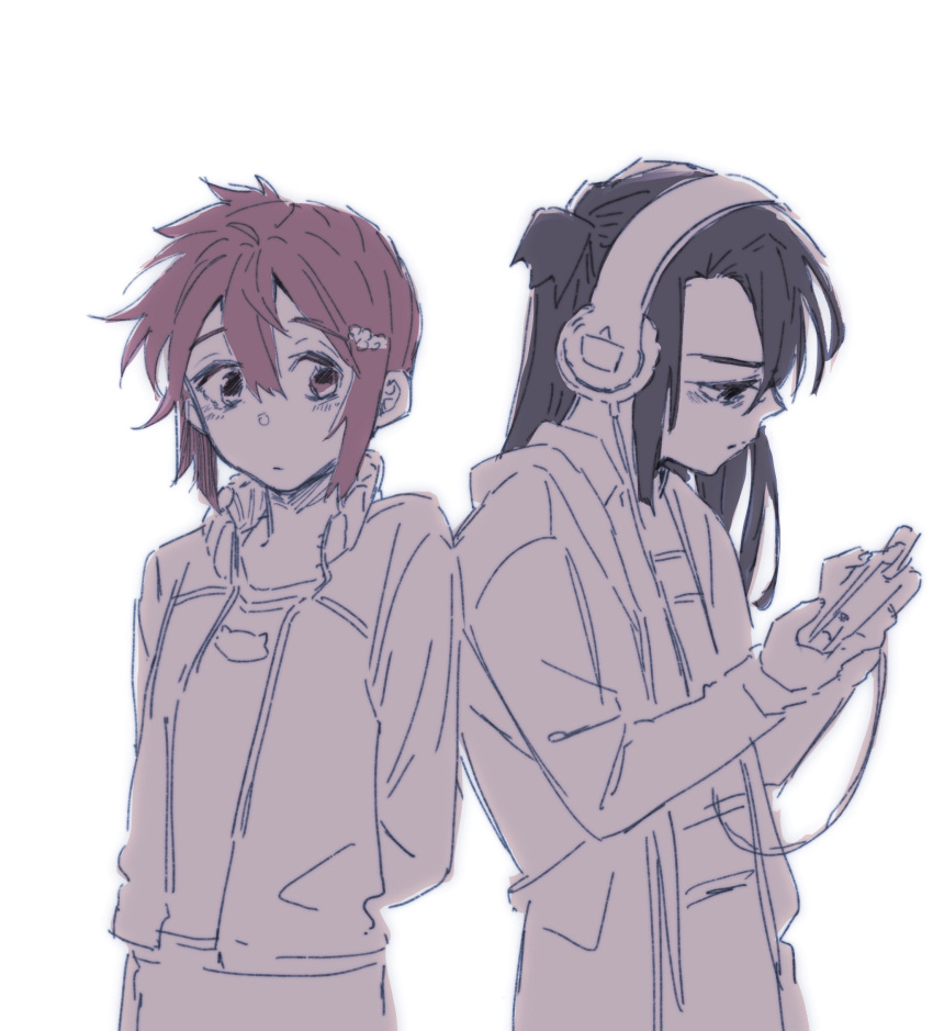 2girls black_hair closed_mouth commentary_request flower greyscale hair_flower hair_ornament headphones highres holding holding_phone jacket koori_chikage koyomania long_hair long_sleeves monochrome multiple_girls nogi_wakaba_wa_yuusha_de_aru one_side_up open_clothes open_jacket phone red_eyes red_hair shirt short_hair spot_color takashima_yuuna upper_body yuusha_de_aru