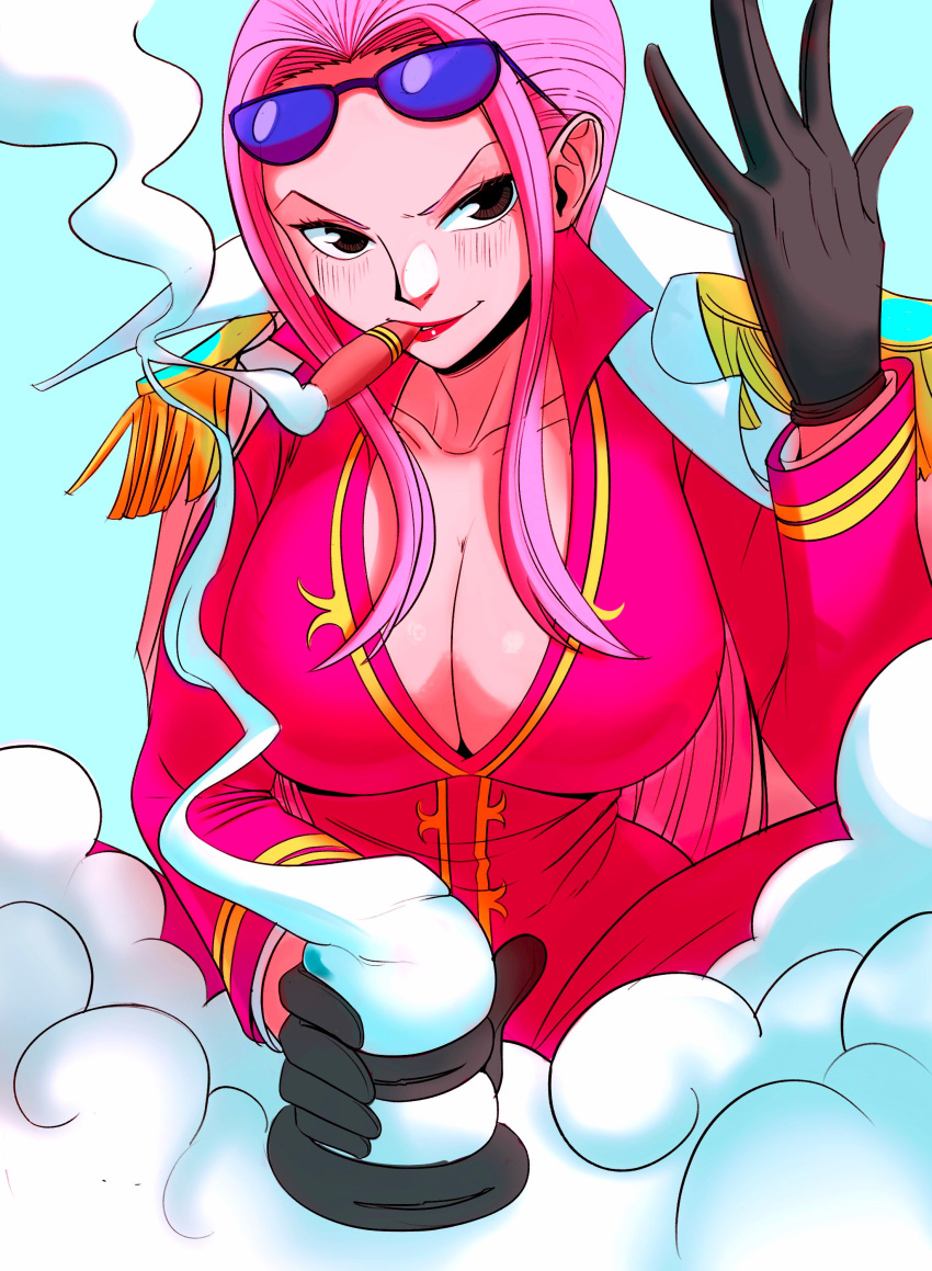 1girl absurdres black_gloves blue_background blush cigar coat coolb_art epaulettes eyewear_on_head gloves highres hina_(one_piece) holding jacket long_hair looking_to_the_side one_piece pink_hair pink_jacket pink_suit sidelocks smile smoke suit upper_body v-shaped_eyebrows white_coat