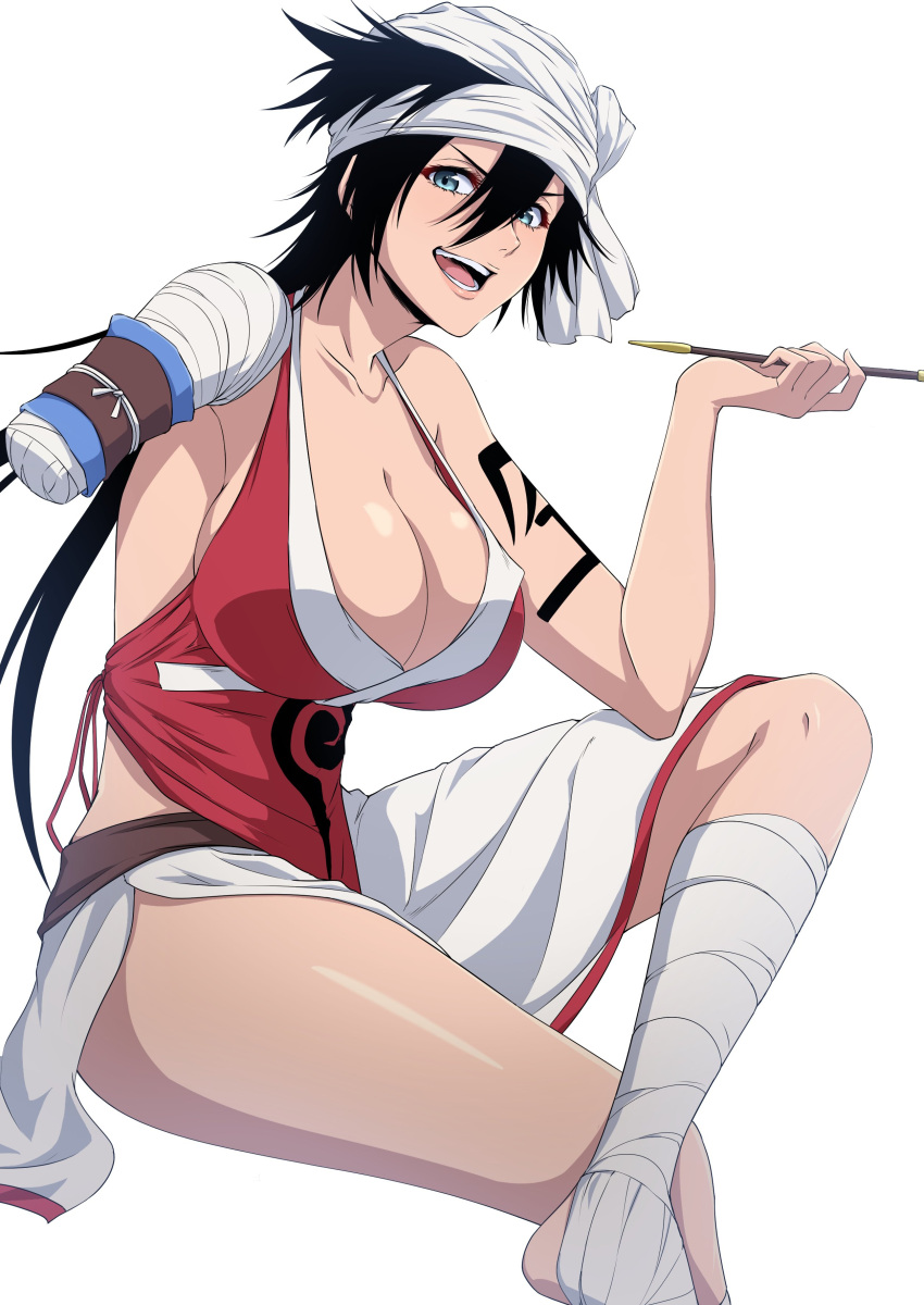 1girl absurdres amputee aqua_eyes arm_tattoo bandaged_arm bandaged_head bandaged_leg bandages bare_arms black_hair bleach breasts cleavage collarbone commentary_request crossed_legs dress eyelashes foot_out_of_frame hair_between_eyes highres hip_vent holding holding_smoking_pipe huge_breasts lips long_hair looking_at_viewer mature_female nishizuki_shino nose open_mouth red_dress shiba_kuukaku simple_background sitting sleeveless sleeveless_dress smile smoking_pipe solo spiked_hair tattoo teeth thighs tsurime v-shaped_eyebrows white_background