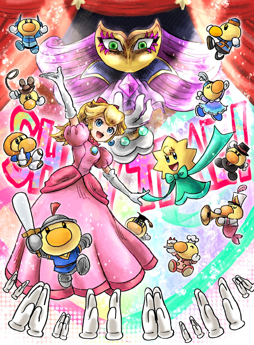 blonde_hair blue_eyes cake chef_hat colored_skin cowboy_hat disembodied_limb dress earrings food glasses gloves green_eyes hat highres holding holding_sword holding_weapon ice_skates instrument jewelry kicdon mario_(series) mortarboard pink_dress princess_peach princess_peach:_showtime! puffy_sleeves purple_hair skates solid_oval_eyes stella_(peach) sword theet_(peach) trumpet weapon white_gloves yellow_skin