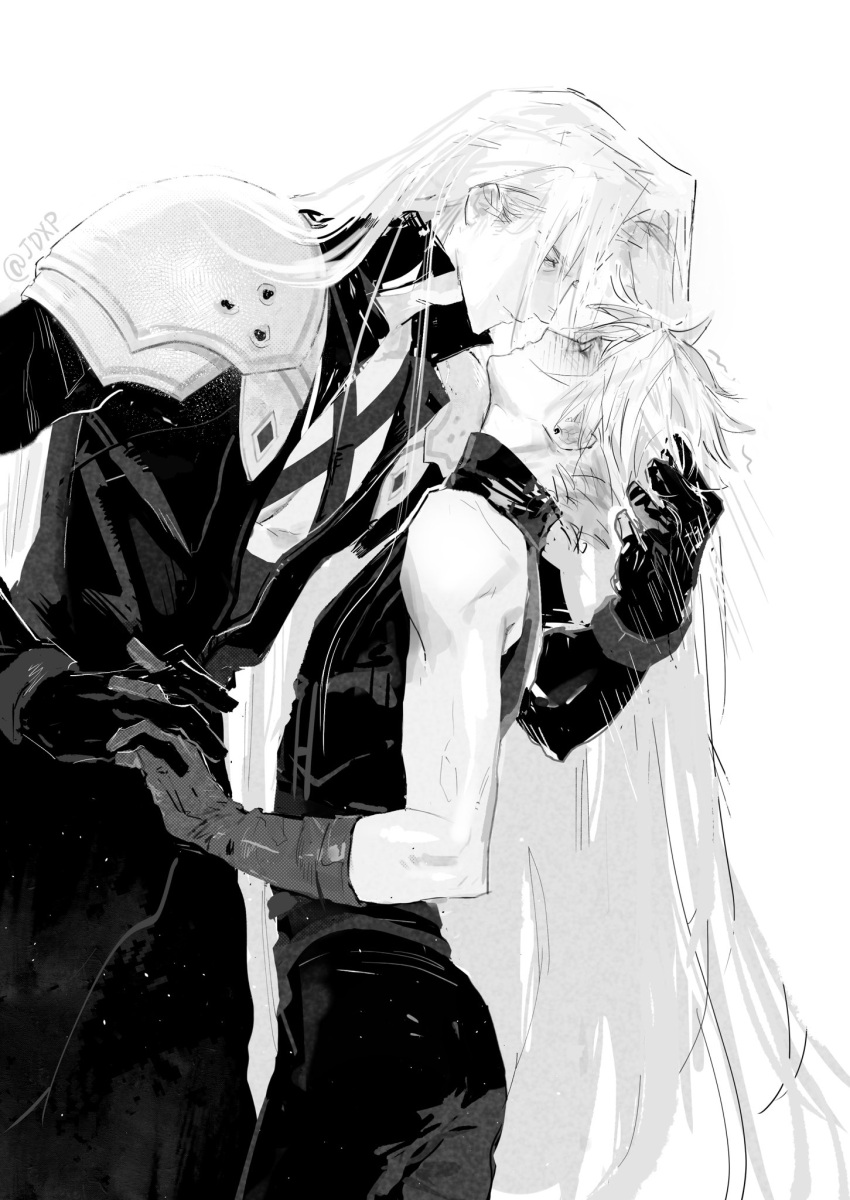 2boys armor belt black_coat black_gloves blush chest_strap chinese_commentary closed_eyes cloud_strife coat commentary_request couple final_fantasy final_fantasy_vii final_fantasy_vii_remake gloves greyscale hand_on_another's_head high_collar highres holding holding_another's_head holding_hands imminent_kiss jacket jdxpp long_bangs long_coat long_hair long_sleeves male_focus monochrome multiple_belts multiple_boys parted_bangs pauldrons puckered_lips sephiroth shirt short_hair shoulder_armor sleeveless sleeveless_turtleneck smile spiked_hair standing suspenders trembling turtleneck twitter_username very_long_hair white_background yaoi