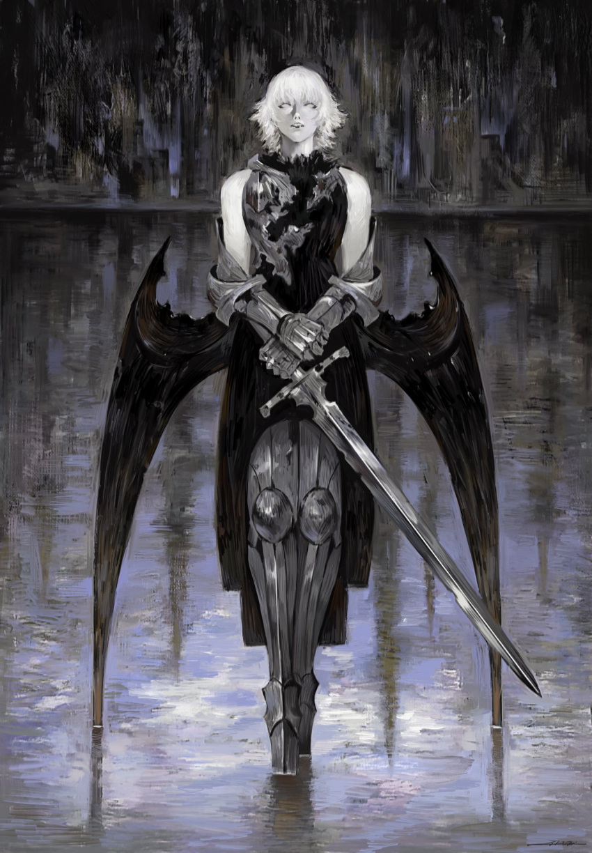 1other armor armored_gloves black_wings colored_skin highres holding holding_sword holding_weapon jingliang_j no_pupils original partially_submerged short_hair sword water weapon white_hair white_skin wings