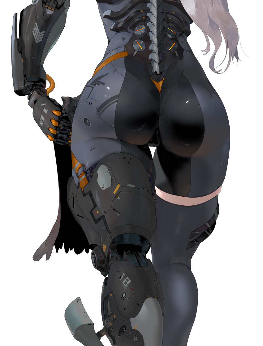 1girl absurdres android ass ass_focus grey_hair highres long_hair mechanical_parts original simple_background solo white_background yunimaru