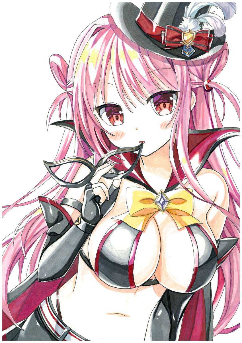 1girl :d absurdres ambitious_mission arise_kaguya arm_at_side bare_shoulders black_cloak black_gloves black_hat black_mask blush_stickers bow breasts cleavage cloak commentary_request elbow_gloves fingerless_gloves gloves hair_rings hand_up hat highres holding holding_mask kare_yousei large_breasts long_hair looking_at_viewer mask navel open_mouth phantom_thief pink_hair red_eyes sidelocks simple_background smile solo straight_hair top_hat traditional_media two_side_up upper_body very_long_hair white_background yellow_bow