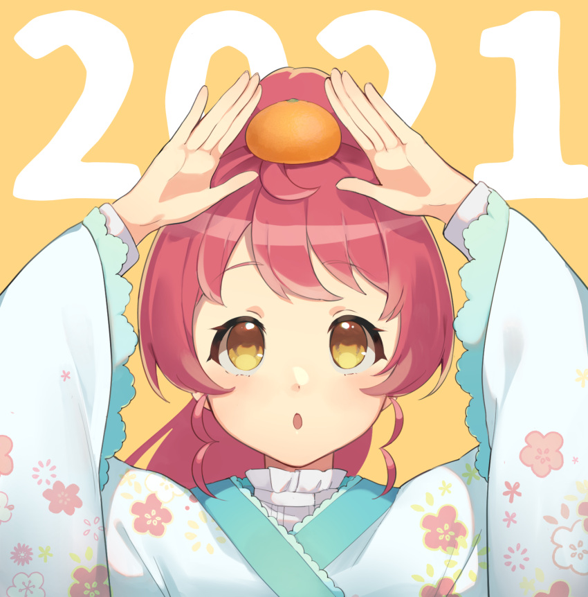 1girl 2021 :o arms_up bad_id bad_twitter_id blue_kimono floral_print floral_print_kimono food food_on_head frilled_sleeves frills fruit highres inactive_account japanese_clothes kimono long_hair long_sleeves mandarin_orange new_year object_on_head open_mouth ponytail pretty_series pripara red_hair shiratama_mikan shiyurinpu solo upper_body wide_sleeves yellow_background yellow_eyes