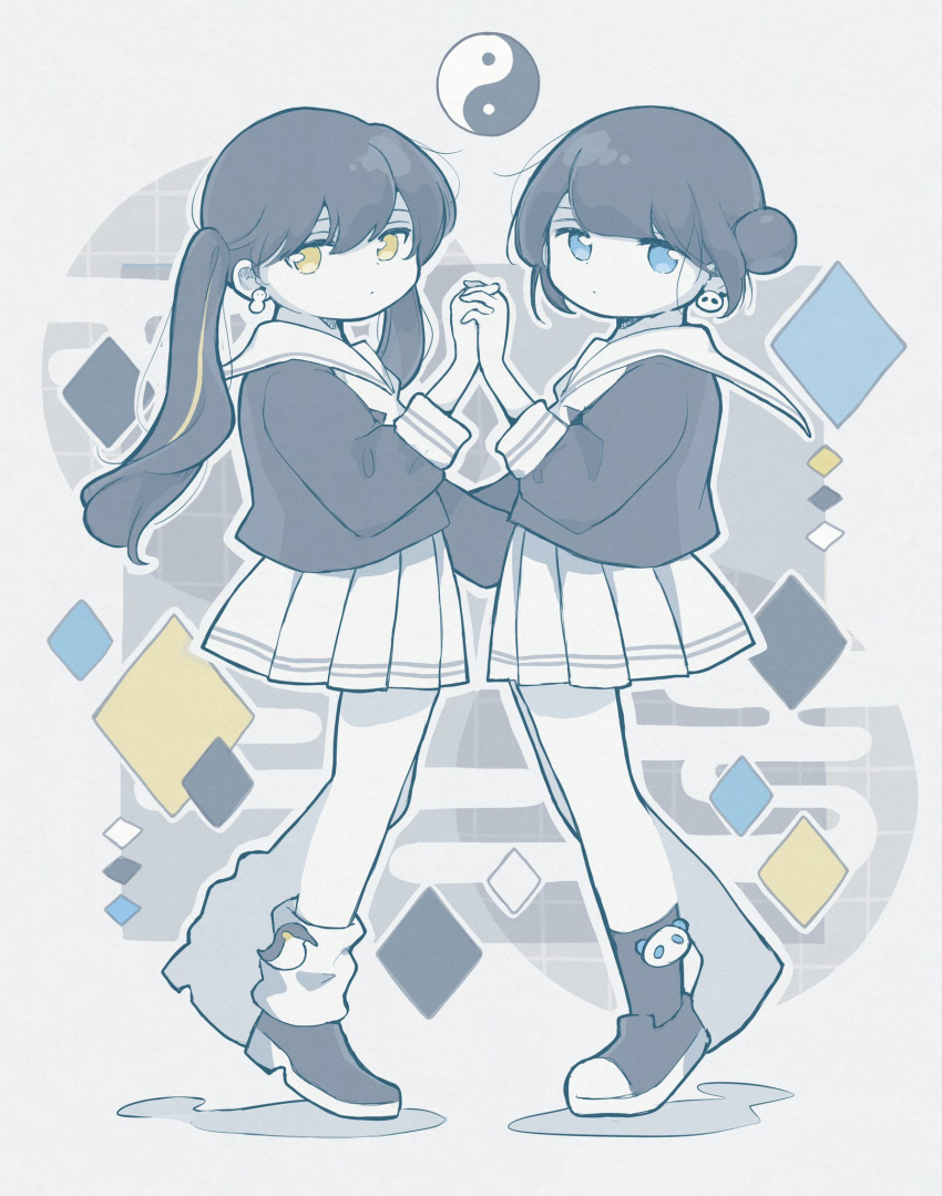 2girls awayawa_pic black_footwear black_hair black_shirt black_socks blue_eyes blunt_bangs closed_mouth diamond_(shape) dot_mouth earrings egasumi expressionless floating full_body hair_bun hands_up highres interlocked_fingers jewelry limited_palette long_hair long_sleeves looking_at_viewer looking_to_the_side loose_socks miniskirt multicolored_hair multiple_girls neckerchief no_sclera original pale_skin panda_earrings pleated_skirt sailor_collar school_uniform serafuku shirt shoes skirt snowman_earrings sock_pin socks streaked_hair twintails white_neckerchief white_sailor_collar white_skirt white_socks yellow_eyes yin_yang