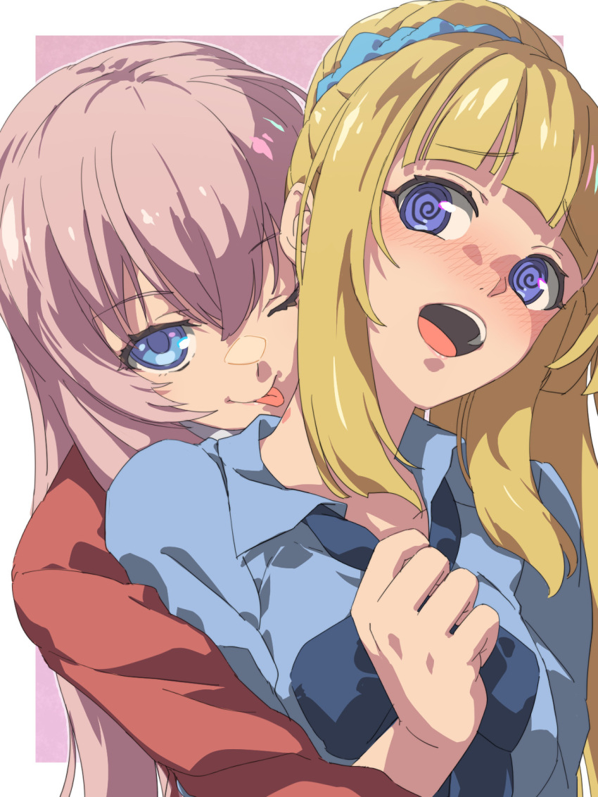 2girls ;p advanced_nurturing_high_school_uniform blazer blonde_hair blue_bow blue_bowtie blue_eyes blue_scrunchie blue_shirt blunt_bangs blush bow bowtie chiharu_(9654784) commentary_request hair_between_eyes hair_ornament hair_scrunchie high_ponytail highres hug hug_from_behind ichinose_honami_(youjitsu) jacket karuizawa_kei licking licking_another's_neck long_hair looking_at_viewer multiple_girls one_eye_closed open_mouth pink_hair ponytail red_jacket school_uniform scrunchie shirt tongue tongue_out upper_body youkoso_jitsuryoku_shijou_shugi_no_kyoushitsu_e yuri