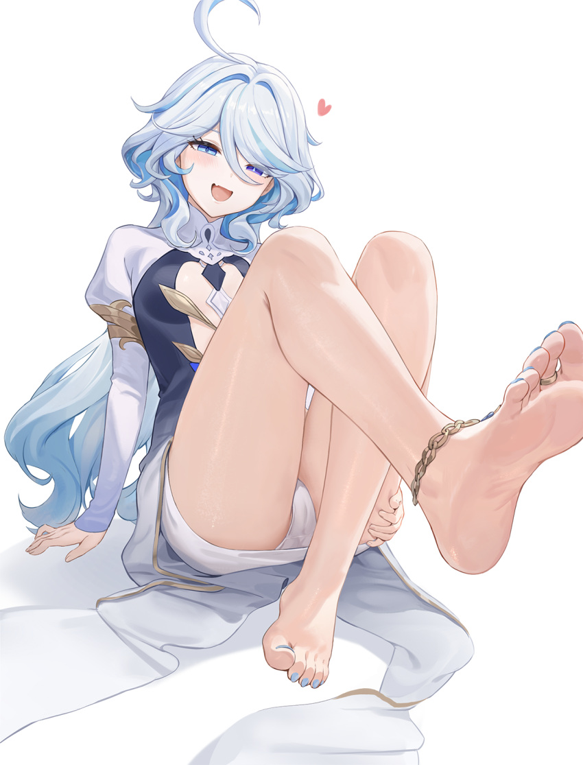 1girl :d anklet arm_support bare_legs barefoot barefoot_sandals_(jewelry) blue_brooch blue_hair blue_nails cbmus crossed_legs dress drop-shaped_pupils fang feet focalors_(genshin_impact) foot_focus foot_up genshin_impact gradient_dress half-closed_eyes heart heterochromia highres jewelry juliet_sleeves leaning_back light_blue_hair long_hair long_sleeves looking_at_viewer mismatched_pupils multicolored_hair nail_polish naughty_face open_mouth panties pantyshot presenting_foot puffy_sleeves revision sitting skin_fang smile soles solo spoilers streaked_hair symbol-shaped_pupils thighs toe_ring toenail_polish toenails toes two-tone_dress underwear upskirt white_dress white_panties