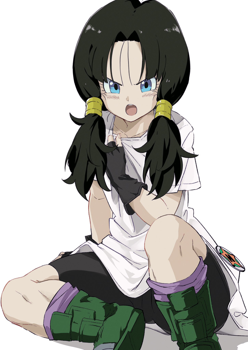 1girl bike_shorts black_hair blue_eyes blush collarbone dragon_ball dragon_ball_z fingerless_gloves gloves highres long_hair looking_at_viewer open_mouth rauto shirt simple_background solo twintails videl white_background white_shirt