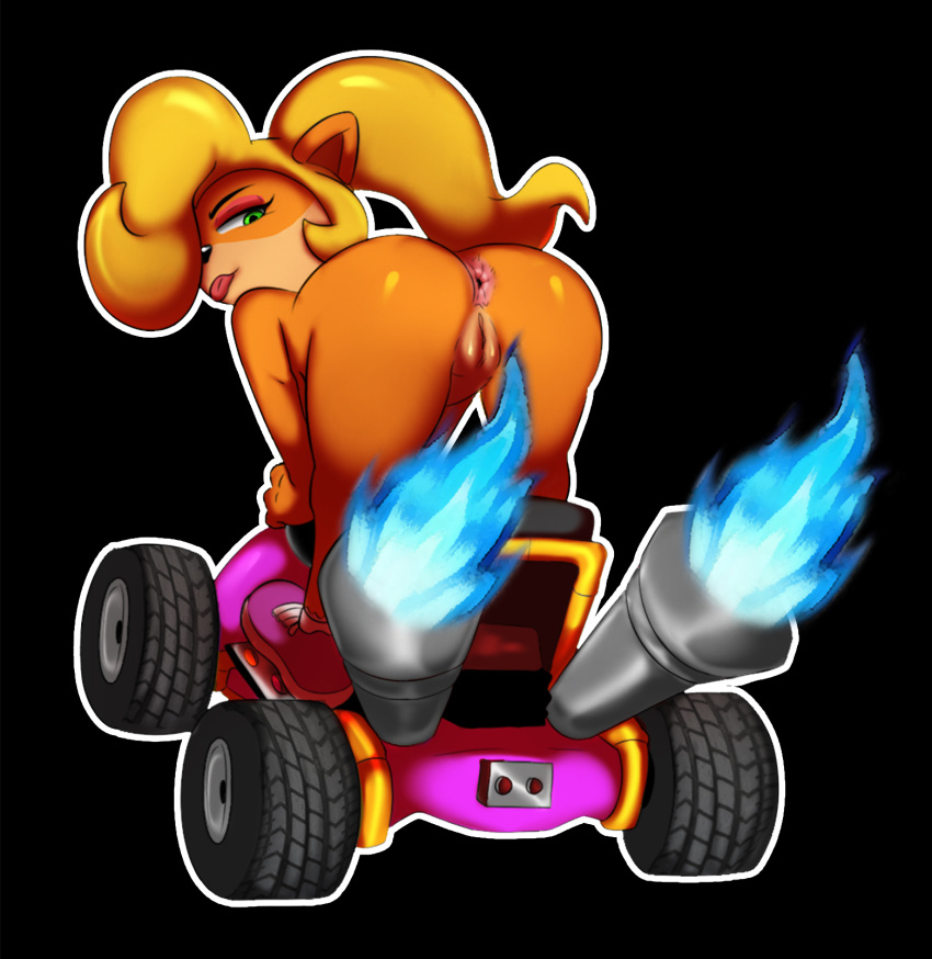 2024 activision bandicoot butt coco_bandicoot colored crash_bandicoot_(series) crash_team_racing_(series) female fire genitals hi_res kart looking_at_viewer mammal marsupial midair nude oddrich pussy racing scrabble007 smile spread_legs spreading third-party_edit vehicle