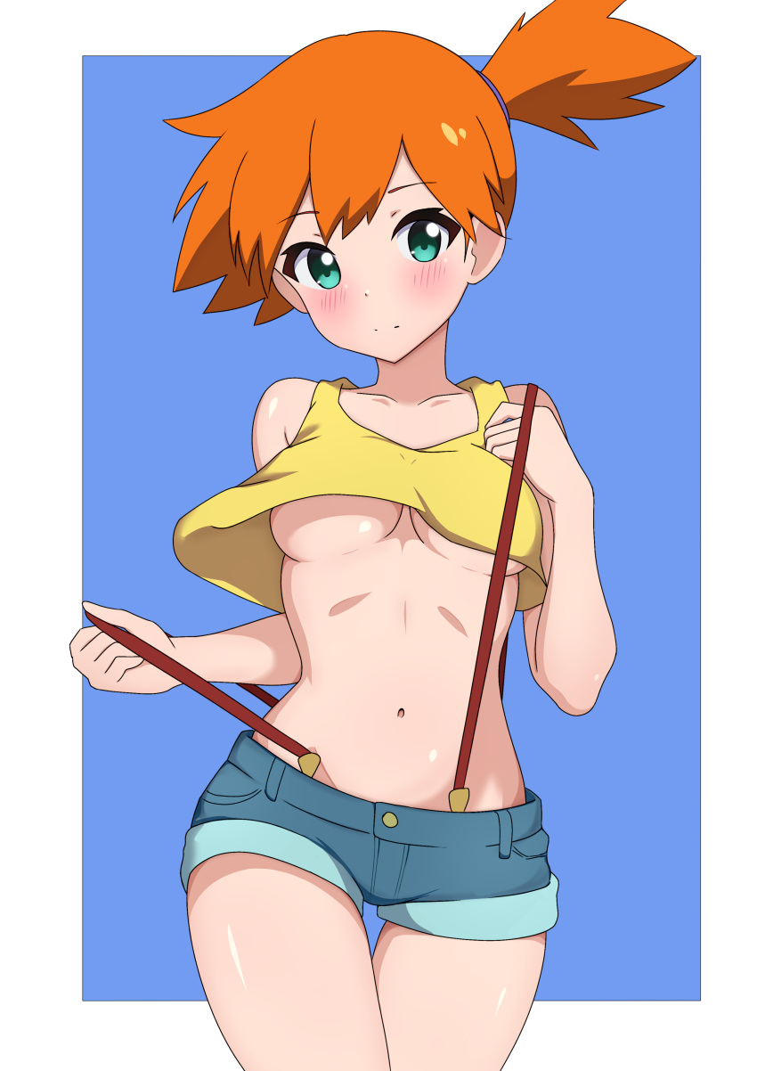 1girl absurdres blue_background blush border breasts closed_mouth collarbone commentary cowboy_shot cropped_shirt green_eyes highres looking_at_viewer misty_(pokemon) mnkr98 navel orange_hair pokemon pokemon_(anime) pokemon_(classic_anime) shiny_skin shirt short_shorts shorts side_ponytail solo split_mouth suspenders suspenders_slip underboob white_border yellow_shirt