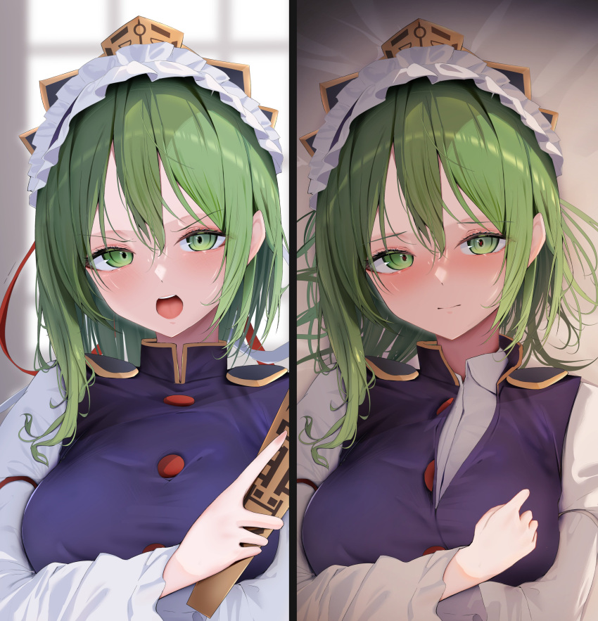 1girl 258n absurdres asymmetrical_hair blush breasts commentary epaulettes frilled_hat frills green_eyes green_hair hat highres large_breasts long_sleeves medium_hair multiple_views on_bed rod_of_remorse shiki_eiki symbol-only_commentary touhou upper_body window