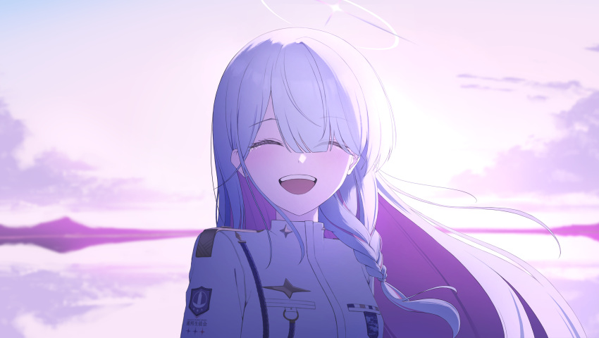 1girl :d absurdres arms_at_sides blue_archive blue_hair blush closed_eyes cloud collared_jacket colored_inner_hair day evening facing_viewer floating_hair general_student_council_president_(blue_archive) hair_between_eyes halo highres horizon jacket long_hair long_sleeves mountainous_horizon multicolored_hair open_mouth outdoors patch pink_hair pla0658 reflection reflective_water shoulder_boards sidelocks smile solo straight_hair tearing_up teeth upper_body upper_teeth_only white_jacket