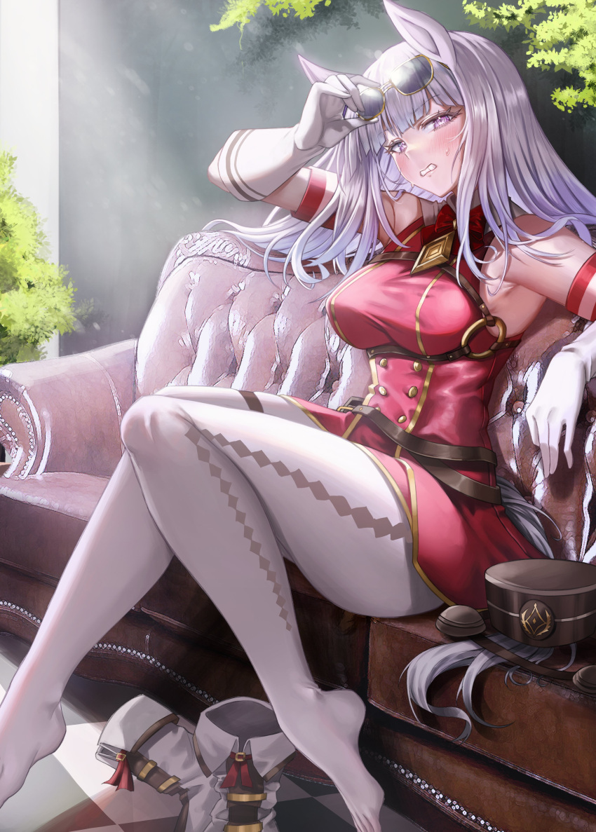 1girl absurdres animal_ears armlet bare_shoulders boots boots_removed breasts eyewear_on_head feet gold_ship_(umamusume) halterneck highres horse_ears horse_girl looking_at_viewer medium_breasts nompang pantyhose sitting sunglasses thick_thighs thighs umamusume white_hair white_pantyhose