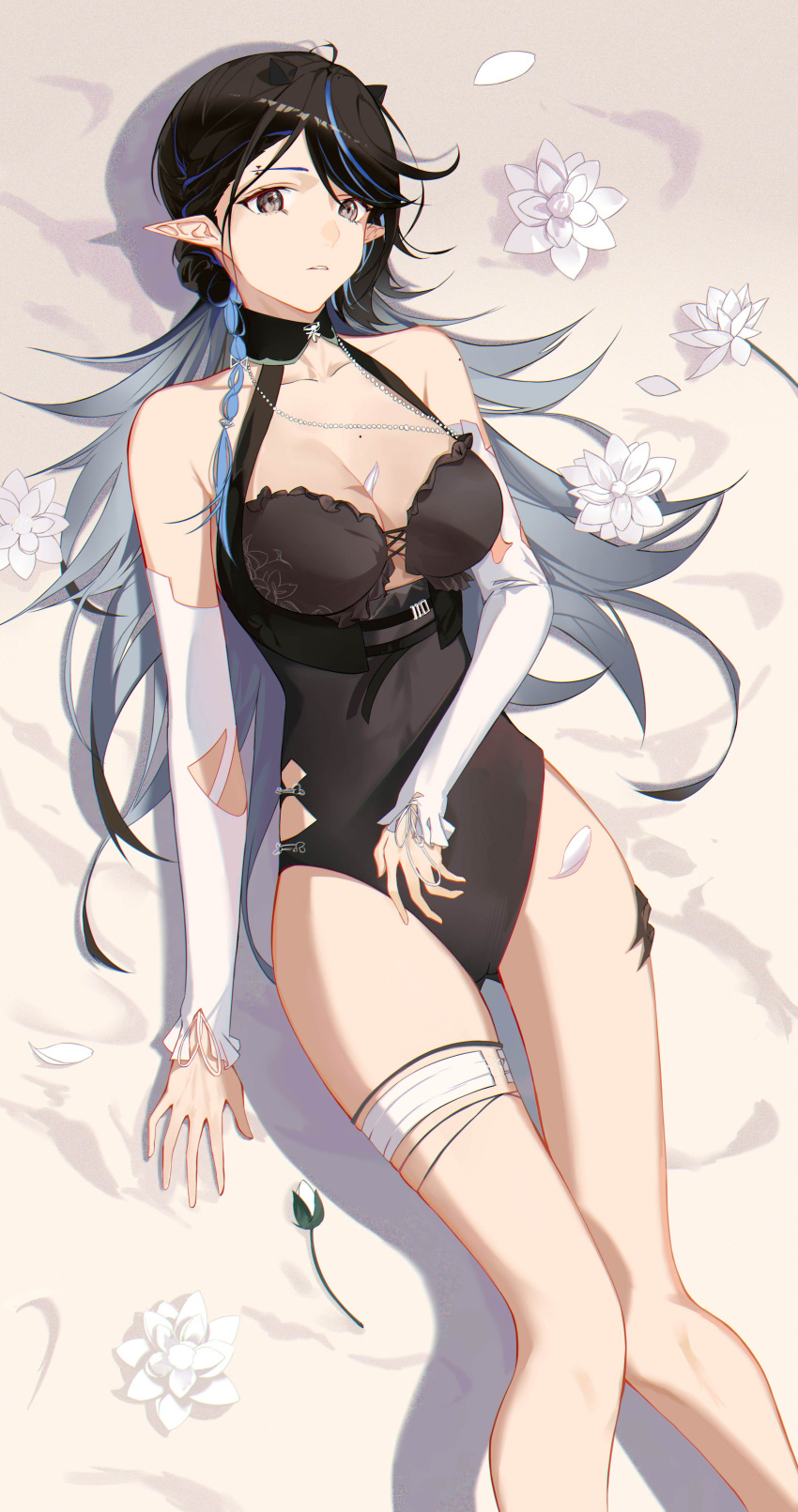 1girl absurdres arknights arm_across_waist ass_visible_through_thighs bare_legs bare_shoulders between_breasts black_hair black_swimsuit blacknight_(arknights) blacknight_(summer_flowers)_(arknights) blue_hair braid breasts brown_eyes casual_one-piece_swimsuit cleavage collarbone day detached_sleeves feet_out_of_frame flower from_above grey_hair highres jewelry large_breasts long_hair long_sleeves lying mole mole_on_breast multicolored_hair necklace on_back on_ground one-piece_swimsuit outdoors parted_lips pointy_ears sand shiguangbai side_braid swimsuit thigh_gap thigh_strap white_flower