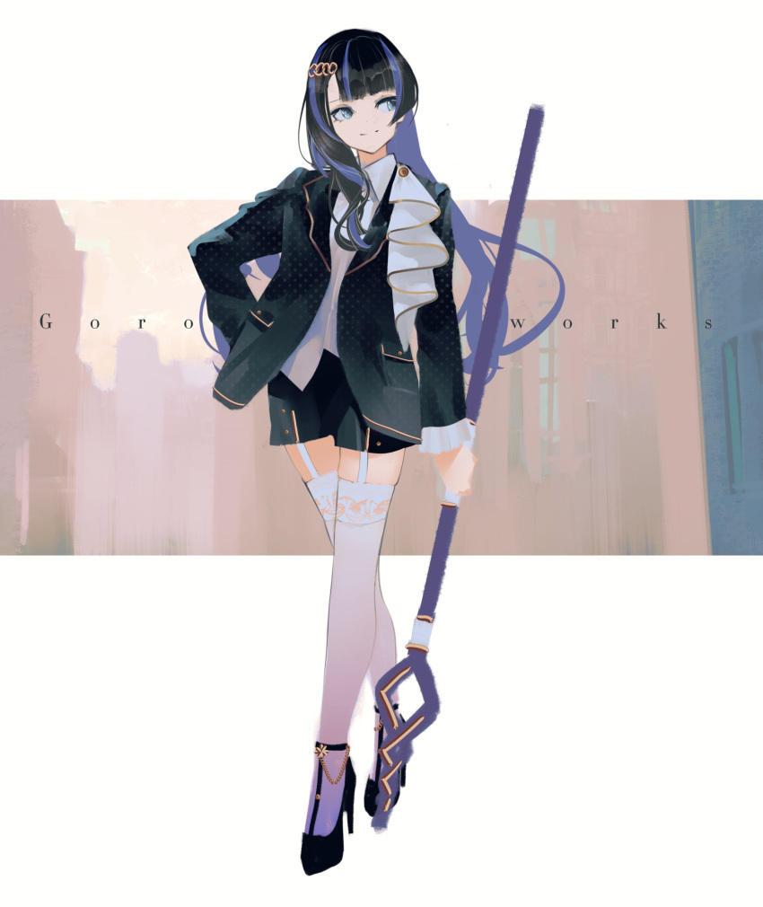 1girl artist_name black_footwear black_hair black_jacket black_shorts blue_eyes closed_mouth collared_shirt crossed_legs full_body garter_straps goroku hair_ornament hair_over_shoulder hairclip hand_on_own_hip head_tilt high_heels highres holding holding_scepter jacket long_hair long_sleeves looking_to_the_side multicolored_hair open_clothes open_jacket original purple_hair scepter shirt shorts smile solo suit_jacket thighhighs two-tone_hair walking white_background white_shirt white_thighhighs