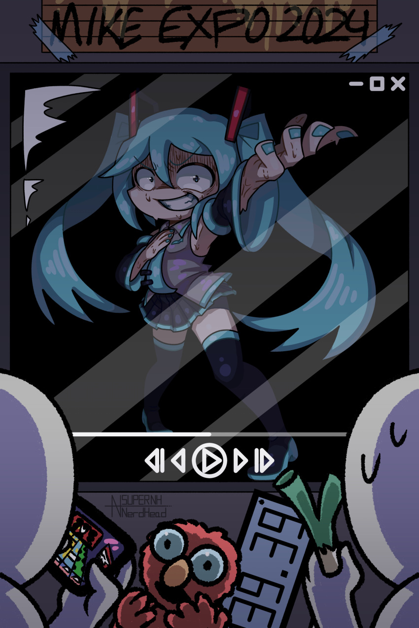 1girl absurdres aqua_hair aqua_nails artist_name black_sleeves cellphone detached_sleeves elmo english_commentary hatsune_miku hatsune_miku_expo highres long_hair looking_at_viewer media_player_interface necktie nervous_smile nervous_sweating outstretched_arm pause_button phone play_button progress_bar project_sekai sesame_street shaded_face smartphone smile solo_focus spring_onion super_nh sweat television thighhighs twintails very_long_hair vocaloid