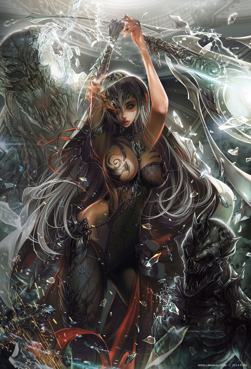 1girl armband arms_up black_bodysuit bodysuit chain cloak cropped_legs detached_collar devilian disintegration eyeshadow fantasy gauntlets grey_eyes hair_over_one_eye highres holding holding_polearm holding_weapon hood hooded_cloak limha_lekan long_hair looking_at_viewer magic makeup monster polearm red_lips sharp_teeth single_gauntlet skill sparks straight-on teeth weapon white_hair