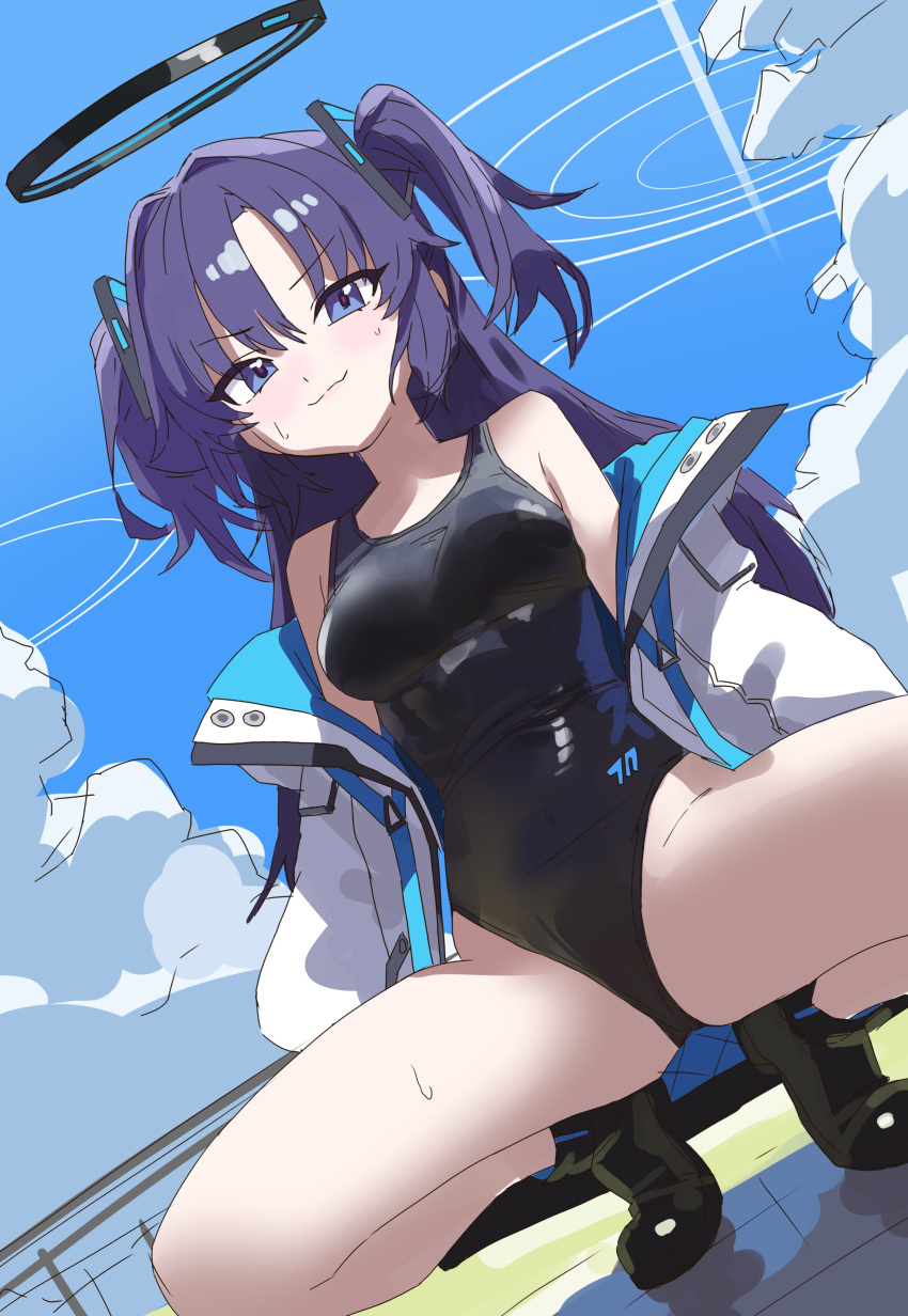 :3 absurdres black_footwear blue_archive blue_sky breasts competition_swimsuit halo highres jacket long_hair mechanical_halo medium_breasts off_shoulder one-piece_swimsuit open_clothes open_jacket purple_eyes purple_hair setakman sky spread_legs squatting sweatdrop swimsuit tiptoes triangle_hair_ornament twintails white_jacket yuuka_(blue_archive)