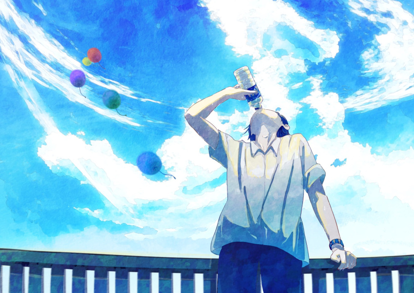 1boy against_railing arm_support balloon black_hair black_pants blue_sky bottle cloud cloudy_sky collared_shirt day drinking facing_up floating highres holding holding_bottle kumagaya_nono male_focus original outdoors pants railing school_uniform shirt short_hair short_sleeves sky sleeves_rolled_up solo water_bottle white_shirt wristband