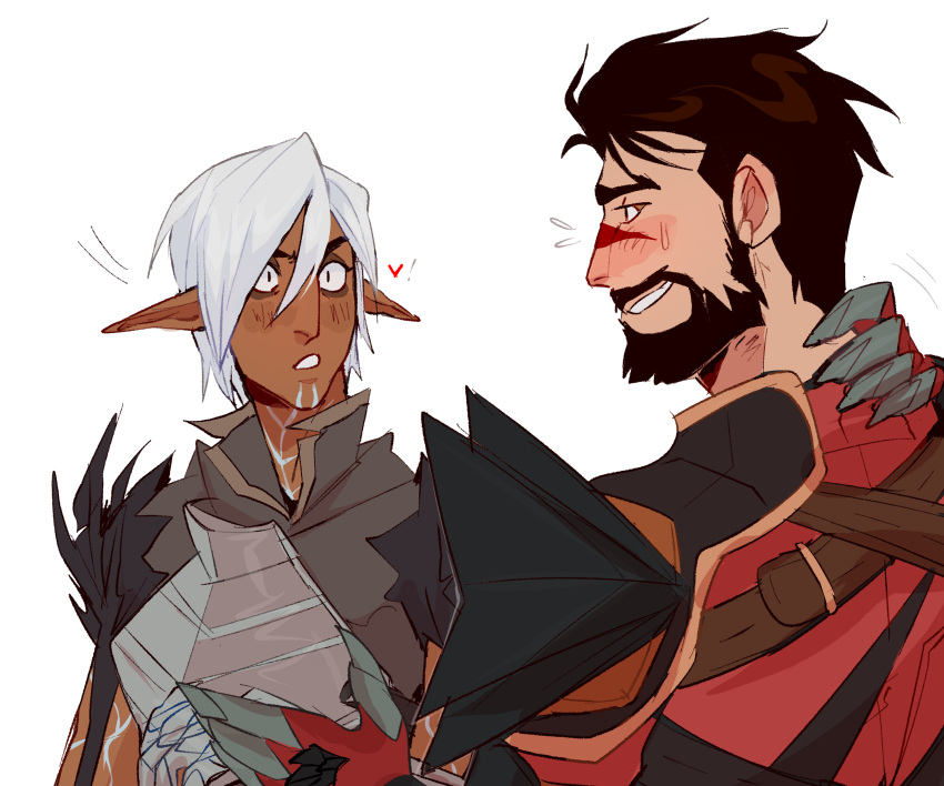 2boys absurdres armor beard black_hair blush couple dark-skinned_male dark_skin dragon_age dragon_age_2 elf facial_hair facial_mark fenris_(dragon_age_2) flying_sweatdrops full_beard fur-trimmed_armor fur_trim garrett_hawke hand_on_own_neck highres lunehowls male_focus mature_male multiple_boys neck_tattoo nervous_smile pointy_ears short_hair shoulder_tattoo shy simple_background smile surprised sweatdrop tattoo upper_body white_background white_hair wide-eyed yaoi