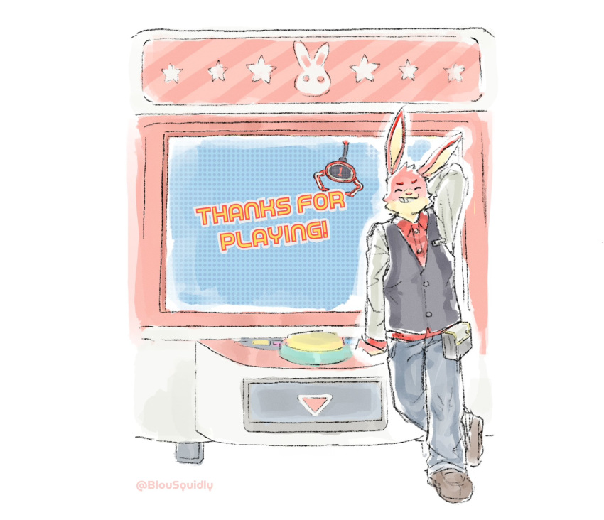 2024 anthro arcade_bunny arcade_machine black_clothing black_topwear black_vest bottomwear clothing denim denim_bottomwear denim_clothing eyebrows eyes_closed fanny_pack footwear fur grin hand_behind_head happy hi_res jeans lagomorph leporid male mammal nintendo nintendo_badge_arcade pants pink_body pink_fur rabbit red_clothing red_shirt red_topwear shirt simple_background smile solo squidly teeth topwear vest white_background white_clothing white_shirt white_topwear