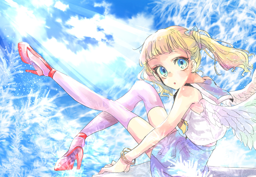 1girl angel_wings bare_shoulders blonde_hair blue_eyes blue_skirt high_heels highres minaramuda ocean open_mouth original school_uniform serafuku shirt skirt sky sleeveless sleeveless_shirt summer thighhighs twintails water white_thighhighs wings