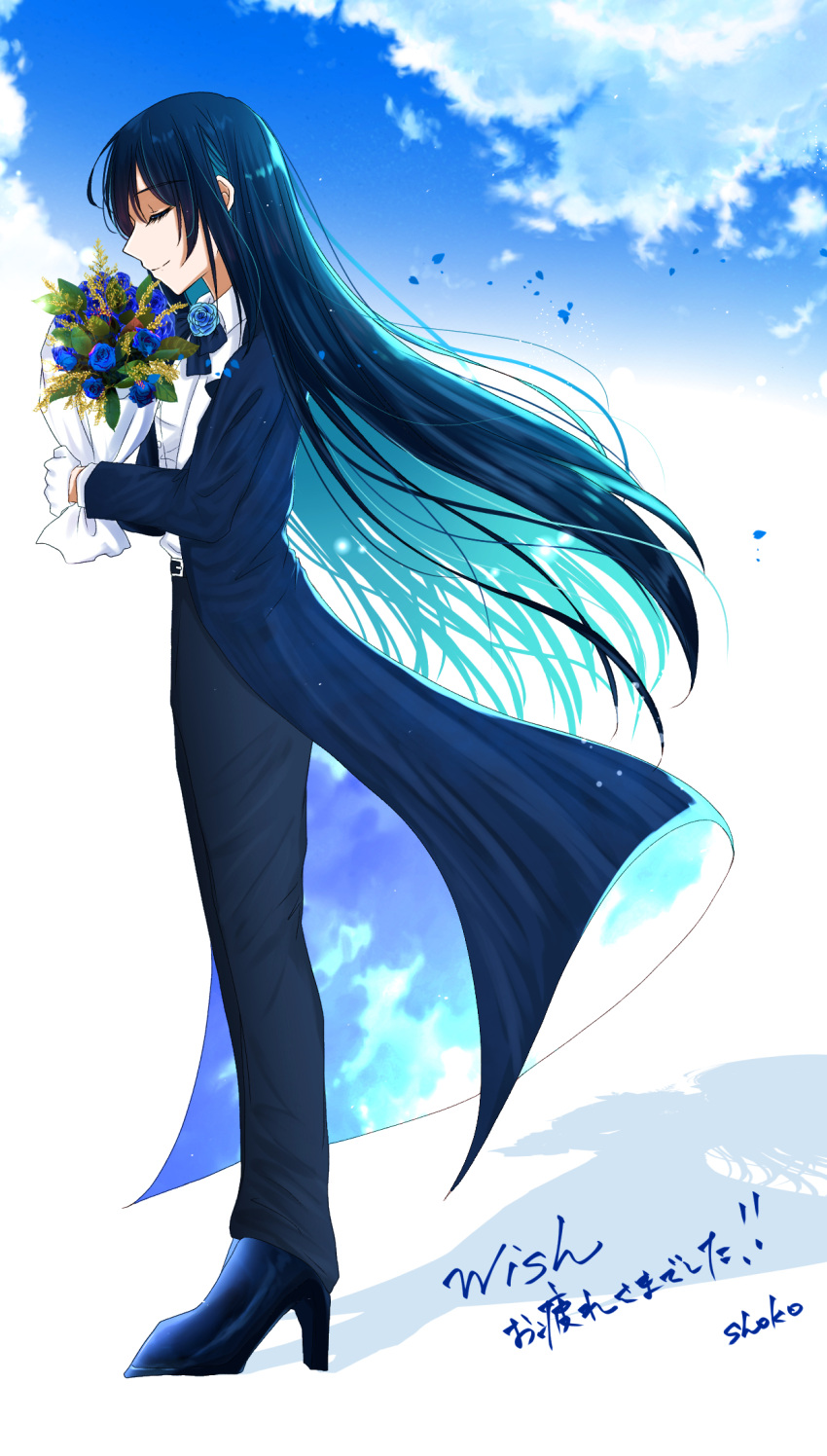 1girl ado_(utaite) black_pants blue_coat blue_flower blue_hair blue_rose bouquet chando_(ado) closed_eyes closed_mouth cloud_nine_inc coat colored_inner_hair commentary_request floating_hair flower gloves high_heels highres holding holding_bouquet long_hair long_sleeves multicolored_hair open_clothes open_coat pants rose shadow shoko_(gs_music11) sidelocks solo translation_request two-tone_hair utaite white_gloves wish_(ado)